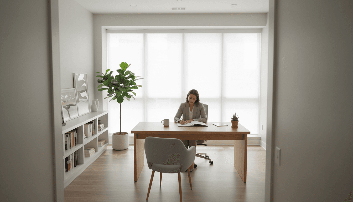 Elegant consulting office interior with natural light and minimal decor