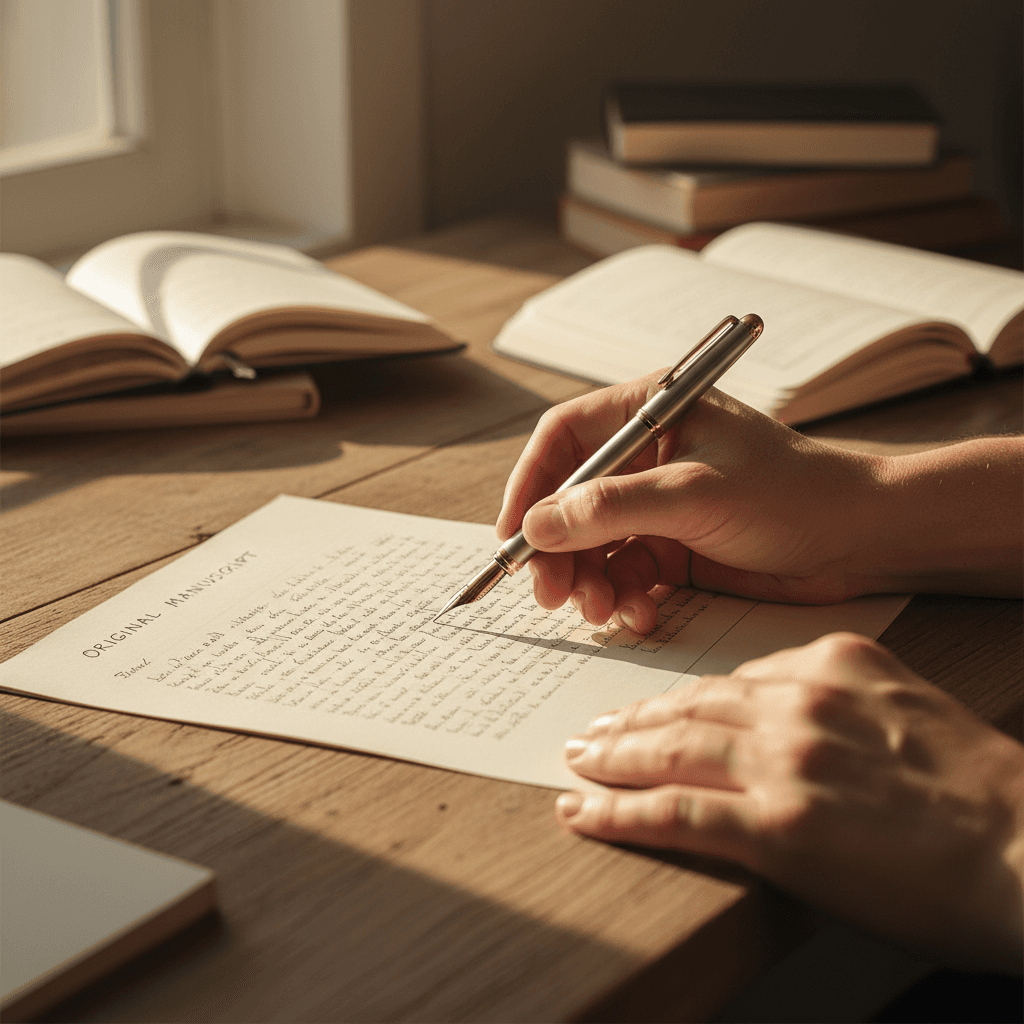 Hand signing a document with fountain pen in a moody office