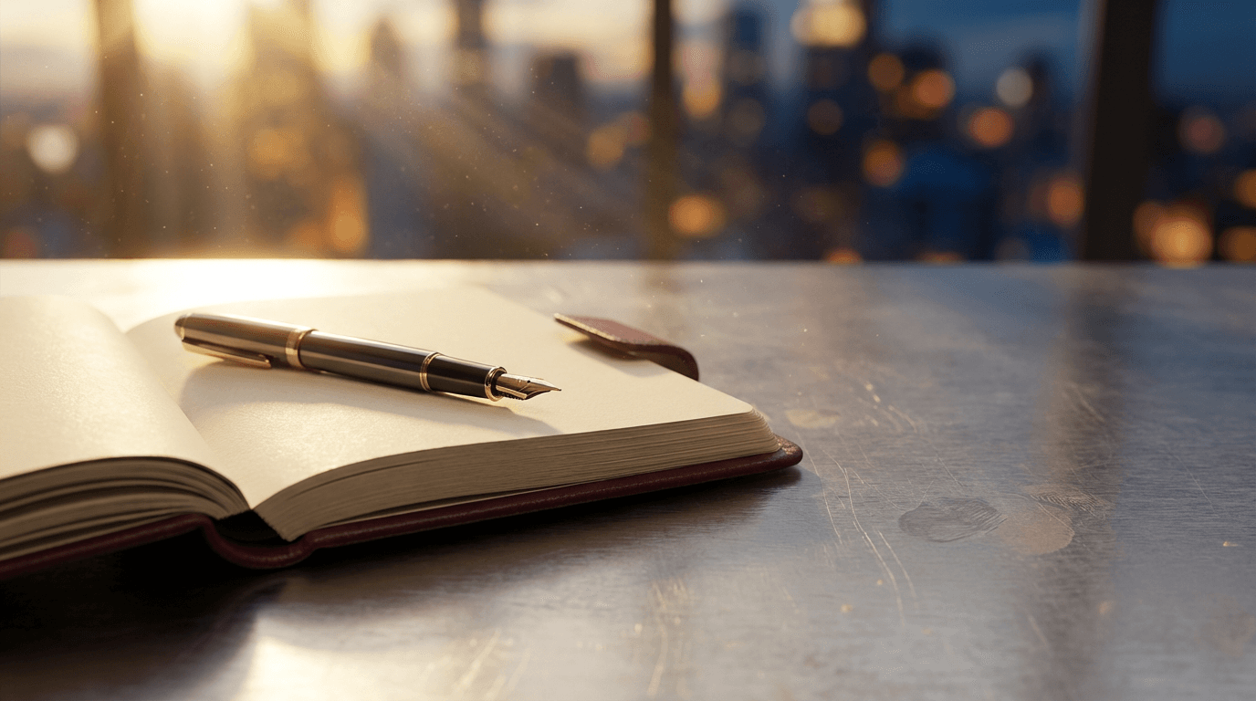 Polished wooden desk with leather notebook and fountain pen in a minimalist Hong Kong office