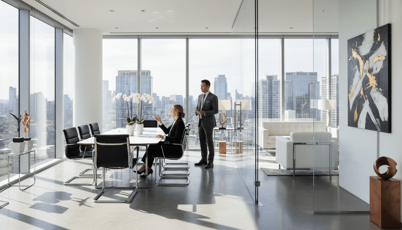 Premium minimalist consulting office interior in Central, Hong Kong with soft natural light and elegant furnishings