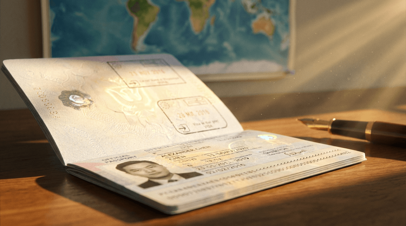 Close-up of a passport and visa document on a desk under a desk lamp