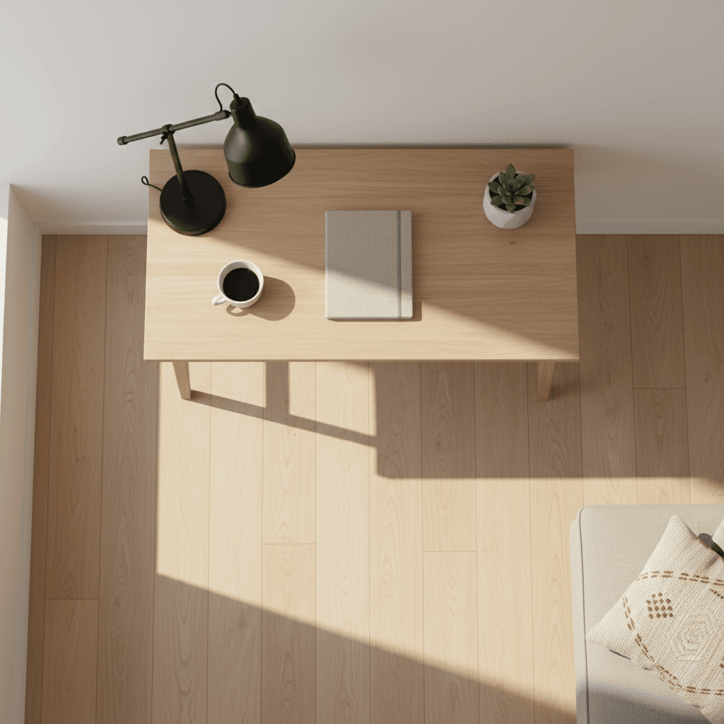A minimal desk with a printed CV and pen, bathed in soft natural light